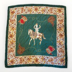 Vintage Mantero Collection Green Equestrian Horse Royalty Silk Scarf 33”